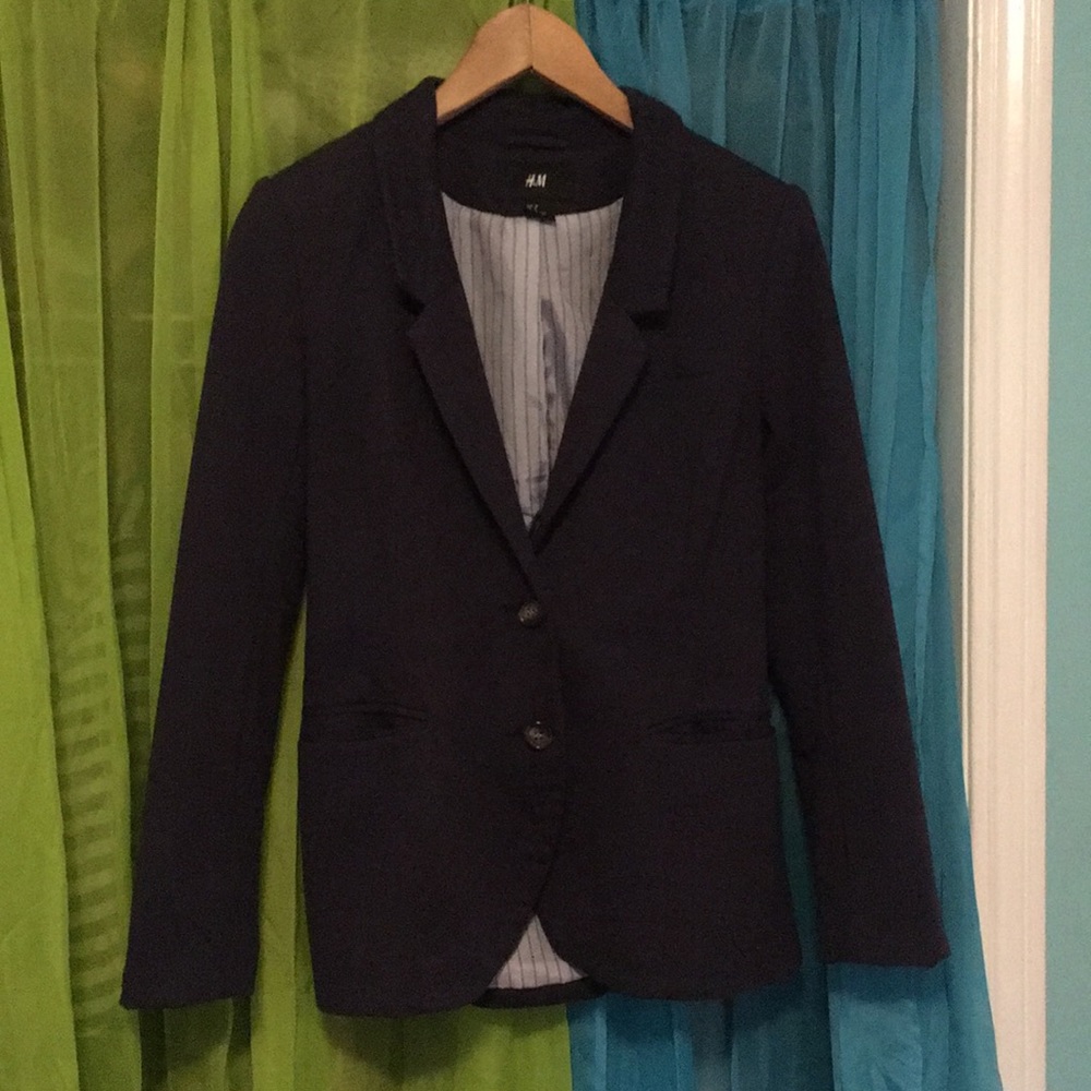 Navy blue H&M blazer with tan elbow patches